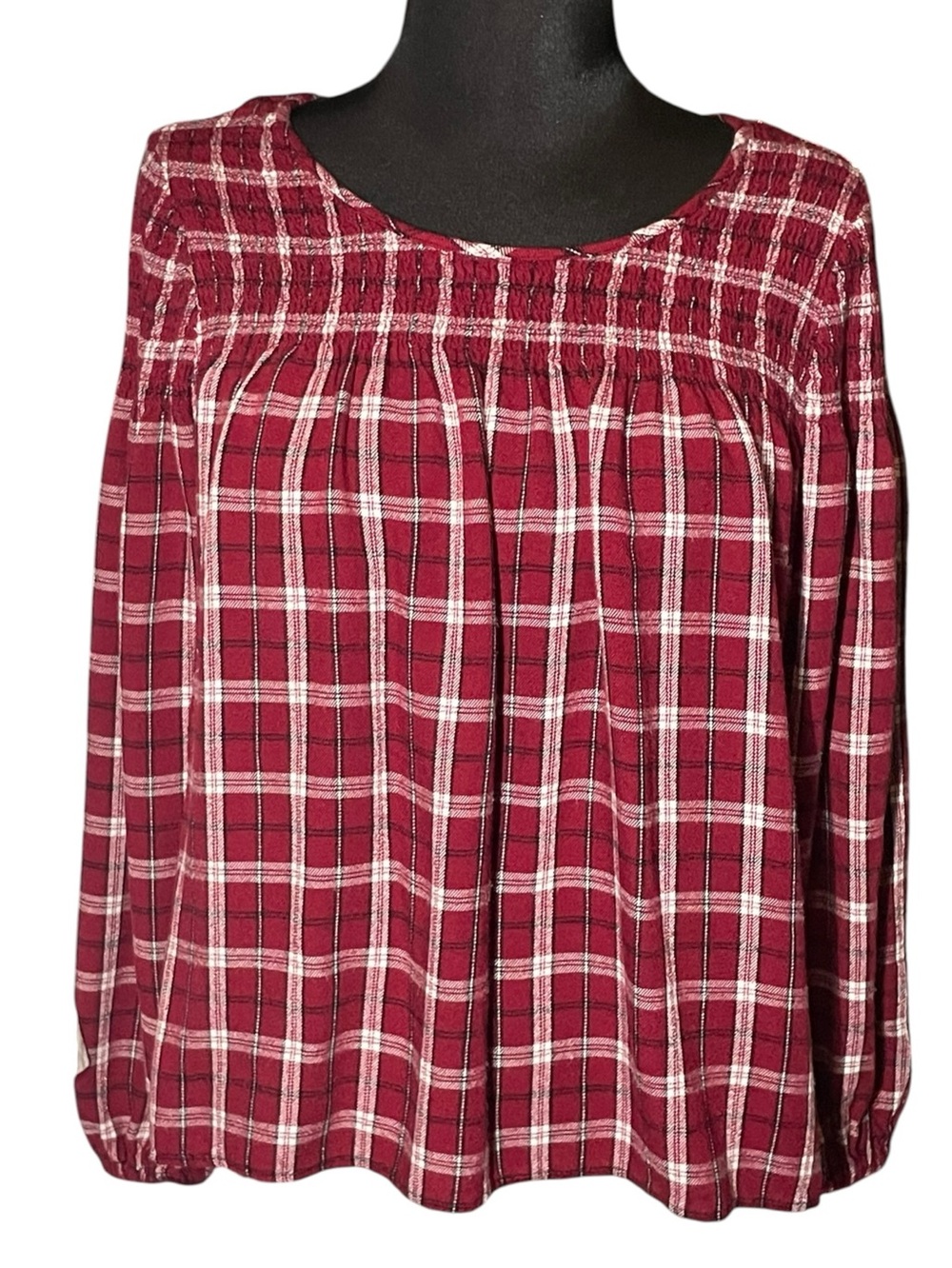 Jane and Delancey Women’s Burgundy Plaid Smocked Yoke Top Womens Size Large